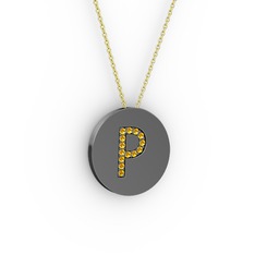P Baş Harf Kolye - Sitrin 925 ayar siyah rodyum kaplama gümüş kolye (40 cm gümüş rolo zincir) #doeuv8