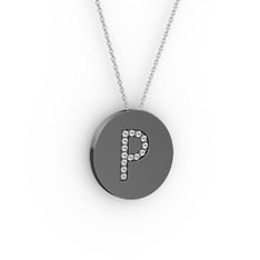 P Baş Harf Kolye - Pırlanta 925 ayar siyah rodyum kaplama gümüş kolye (0.1232 karat, 40 cm beyaz altın rolo zincir) #fnbw1v
