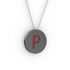 P Baş Harf Kolye - Garnet 925 ayar siyah rodyum kaplama gümüş kolye (40 cm gümüş rolo zincir) #gwk3mb