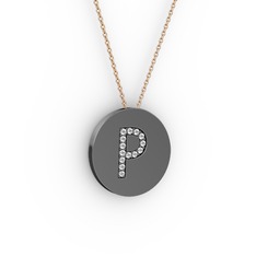P Baş Harf Kolye - Pırlanta 925 ayar siyah rodyum kaplama gümüş kolye (0.1232 karat, 40 cm rose altın rolo zincir) #m0ylqt