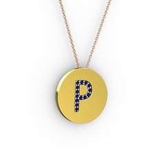 P Baş Harf Kolye - Lab safir 925 ayar altın kaplama gümüş kolye (40 cm rose altın rolo zincir) #r7vszl
