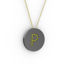 P Baş Harf Kolye - Peridot 925 ayar siyah rodyum kaplama gümüş kolye (40 cm altın rolo zincir) #ren7jk
