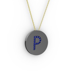 P Baş Harf Kolye - Lab safir 925 ayar siyah rodyum kaplama gümüş kolye (40 cm altın rolo zincir) #sne2p7