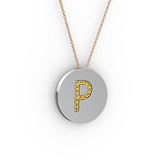 P Baş Harf Kolye - Sitrin 18 ayar beyaz altın kolye (40 cm rose altın rolo zincir) #wqxs0p