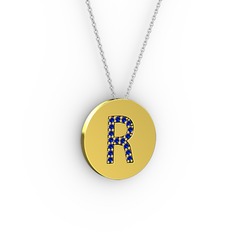 R Baş Harf Kolye - Lab safir 18 ayar altın kolye (40 cm beyaz altın rolo zincir) #139vvpk