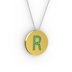 R Baş Harf Kolye - Yeşil kuvars 925 ayar altın kaplama gümüş kolye (40 cm beyaz altın rolo zincir) #15i8ho4