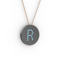 R Baş Harf Kolye - Akuamarin 925 ayar siyah rodyum kaplama gümüş kolye (40 cm rose altın rolo zincir) #15qfb4z