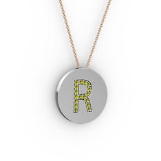 R Baş Harf Kolye - Peridot 8 ayar beyaz altın kolye (40 cm rose altın rolo zincir) #17no3ih
