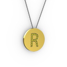 R Baş Harf Kolye - Peridot 925 ayar altın kaplama gümüş kolye (40 cm gümüş rolo zincir) #186otw1