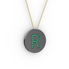 R Baş Harf Kolye - Yeşil kuvars 925 ayar siyah rodyum kaplama gümüş kolye (40 cm gümüş rolo zincir) #1983gwp