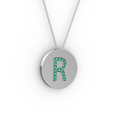 R Baş Harf Kolye - Yeşil kuvars 8 ayar beyaz altın kolye (40 cm beyaz altın rolo zincir) #1eq8kmq