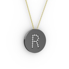 R Baş Harf Kolye - Beyaz zirkon 925 ayar siyah rodyum kaplama gümüş kolye (40 cm gümüş rolo zincir) #1eyypfa