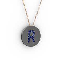 R Baş Harf Kolye - Lab safir 925 ayar siyah rodyum kaplama gümüş kolye (40 cm rose altın rolo zincir) #1fkomu6