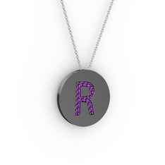 R Baş Harf Kolye - Ametist 925 ayar siyah rodyum kaplama gümüş kolye (40 cm beyaz altın rolo zincir) #1g7n3wx