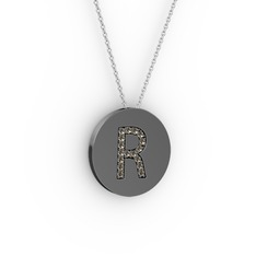 R Baş Harf Kolye - Dumanlı kuvars 925 ayar siyah rodyum kaplama gümüş kolye (40 cm beyaz altın rolo zincir) #1kdrazj