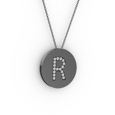 R Baş Harf Kolye - Pırlanta 925 ayar siyah rodyum kaplama gümüş kolye (0.1496 karat, 40 cm gümüş rolo zincir) #1l9kyz