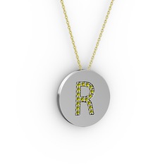 R Baş Harf Kolye - Peridot 14 ayar beyaz altın kolye (40 cm altın rolo zincir) #1o024c7