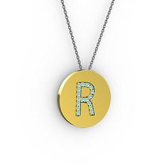 R Baş Harf Kolye - Akuamarin 8 ayar altın kolye (40 cm gümüş rolo zincir) #1r53brf