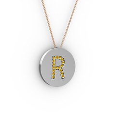 R Baş Harf Kolye - Sitrin 18 ayar beyaz altın kolye (40 cm rose altın rolo zincir) #1rjklc1