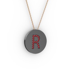 R Baş Harf Kolye - Garnet 925 ayar siyah rodyum kaplama gümüş kolye (40 cm rose altın rolo zincir) #1spv0n1
