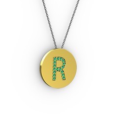 R Baş Harf Kolye - Yeşil kuvars 14 ayar altın kolye (40 cm gümüş rolo zincir) #1ur0iqh
