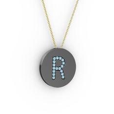 R Baş Harf Kolye - Akuamarin 925 ayar siyah rodyum kaplama gümüş kolye (40 cm altın rolo zincir) #1z8w1t