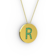 R Baş Harf Kolye - Yeşil kuvars 18 ayar altın kolye (40 cm gümüş rolo zincir) #2hitkc