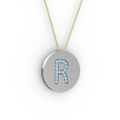 R Baş Harf Kolye - Akuamarin 8 ayar beyaz altın kolye (40 cm gümüş rolo zincir) #6x6bwh
