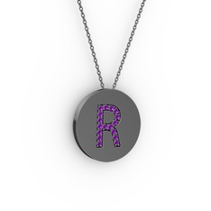 R Baş Harf Kolye - Ametist 925 ayar siyah rodyum kaplama gümüş kolye (40 cm gümüş rolo zincir) #ab07xn