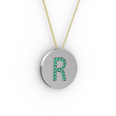 R Baş Harf Kolye - Yeşil kuvars 925 ayar gümüş kolye (40 cm altın rolo zincir) #d3ehnz