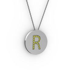 R Baş Harf Kolye - Peridot 14 ayar beyaz altın kolye (40 cm gümüş rolo zincir) #f1bpln