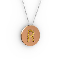R Baş Harf Kolye - Sitrin 18 ayar rose altın kolye (40 cm gümüş rolo zincir) #fgrn7c