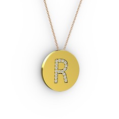 R Baş Harf Kolye - Beyaz zirkon 14 ayar altın kolye (40 cm rose altın rolo zincir) #i7zk17