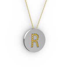 R Baş Harf Kolye - Sitrin 925 ayar gümüş kolye (40 cm altın rolo zincir) #iqbs60