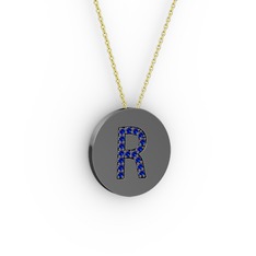 R Baş Harf Kolye - Lab safir 925 ayar siyah rodyum kaplama gümüş kolye (40 cm altın rolo zincir) #mc84h7