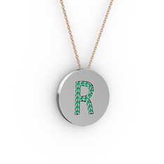 R Baş Harf Kolye - Yeşil kuvars 8 ayar beyaz altın kolye (40 cm gümüş rolo zincir) #pjk20k