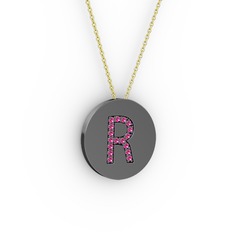 R Baş Harf Kolye - Rodolit garnet 925 ayar siyah rodyum kaplama gümüş kolye (40 cm altın rolo zincir) #qj20e5