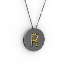 R Baş Harf Kolye - Sitrin 925 ayar siyah rodyum kaplama gümüş kolye (40 cm gümüş rolo zincir) #sdwsrl