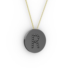 R Baş Harf Kolye - Siyah zirkon 925 ayar siyah rodyum kaplama gümüş kolye (40 cm altın rolo zincir) #uweja2