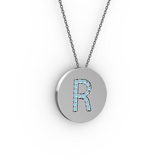 R Baş Harf Kolye - Akuamarin 8 ayar beyaz altın kolye (40 cm gümüş rolo zincir) #xcqj38