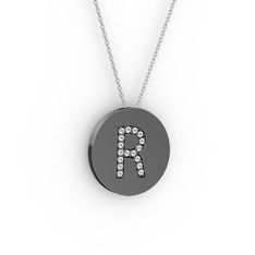 R Baş Harf Kolye - Beyaz zirkon 925 ayar siyah rodyum kaplama gümüş kolye (40 cm beyaz altın rolo zincir) #z00ki0