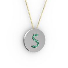 S Baş Harf Kolye - Yeşil kuvars 8 ayar beyaz altın kolye (40 cm altın rolo zincir) #10b60md