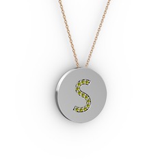 S Baş Harf Kolye - Peridot 14 ayar beyaz altın kolye (40 cm rose altın rolo zincir) #1birvi0