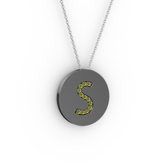 S Baş Harf Kolye - Peridot 925 ayar siyah rodyum kaplama gümüş kolye (40 cm beyaz altın rolo zincir) #1c559jf