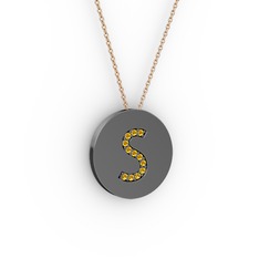 S Baş Harf Kolye - Sitrin 925 ayar siyah rodyum kaplama gümüş kolye (40 cm rose altın rolo zincir) #1dlawb4