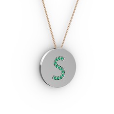 S Baş Harf Kolye - Yeşil kuvars 18 ayar beyaz altın kolye (40 cm rose altın rolo zincir) #1gysh76