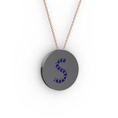 S Baş Harf Kolye - Lab safir 925 ayar siyah rodyum kaplama gümüş kolye (40 cm rose altın rolo zincir) #1h01bhk