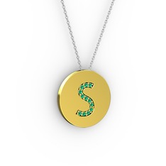 S Baş Harf Kolye - Yeşil kuvars 14 ayar altın kolye (40 cm gümüş rolo zincir) #1sj6oiy