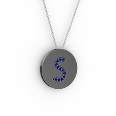 S Baş Harf Kolye - Lab safir 925 ayar siyah rodyum kaplama gümüş kolye (40 cm gümüş rolo zincir) #1u8wjrf