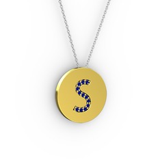 S Baş Harf Kolye - Lab safir 925 ayar altın kaplama gümüş kolye (40 cm beyaz altın rolo zincir) #7m98bo